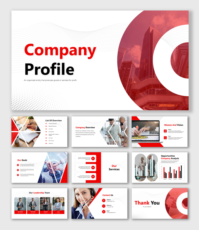 Company Profile PowerPoint showcasing slides with many sections and contact info on a red and white theme.