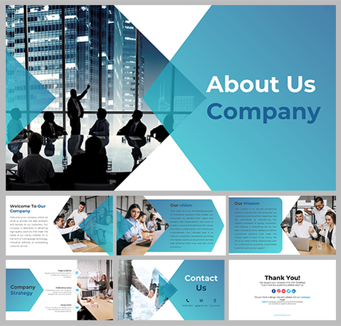 About us slide deck with a stylish blue and white color scheme, showing company introduction, mission, and contact details.