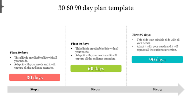 Linear 30 60 90 day plan template with color coded milestones for structured goal setting and task breakdown with text.