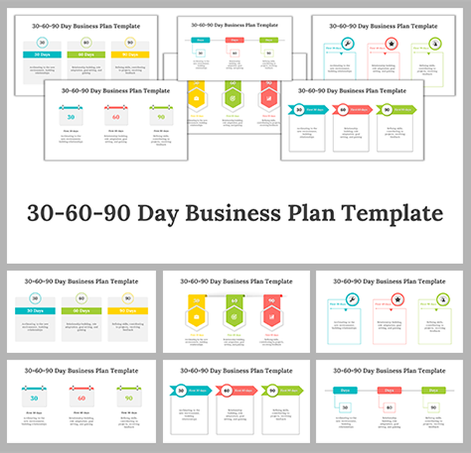 Five 30-60-90 day business plan slide deck showing different layouts with color-coded sections, icons, and timelines.