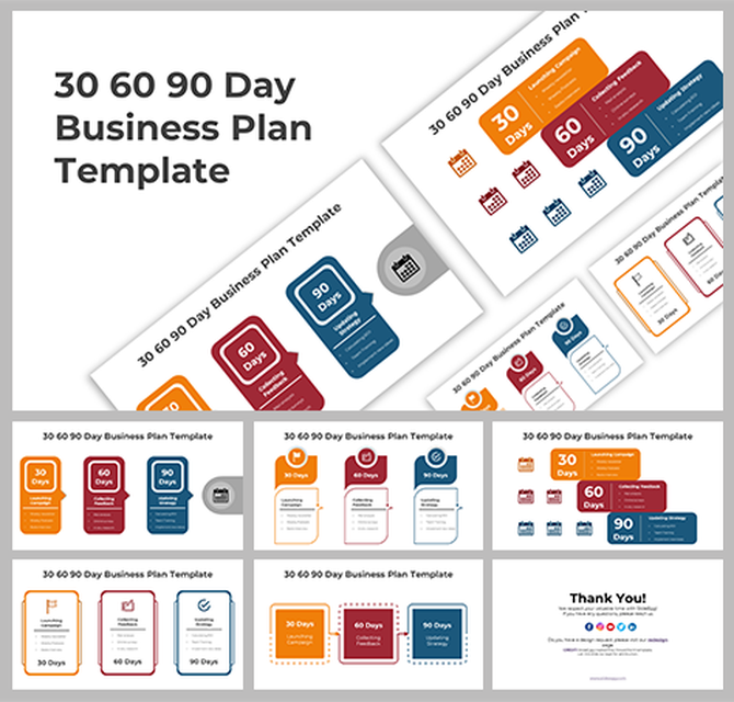 30 60 90 day business plan PPT slides featuring color coded sections for each period in different layout designs.