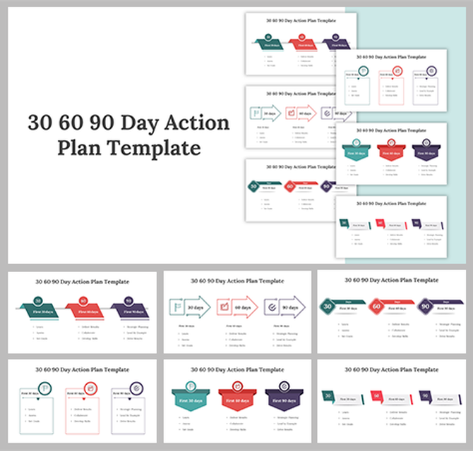 Overview of 30 60 90 day action plan slides with various colorful layouts and designs.