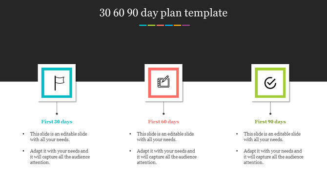 30 60 90 day business plan template with icons representing key milestones for each period with placeholder text.