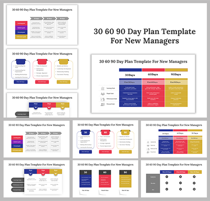 Collage of 30 60 90 day plan templates for new managers, featuring various infographic layouts with color coded sections.