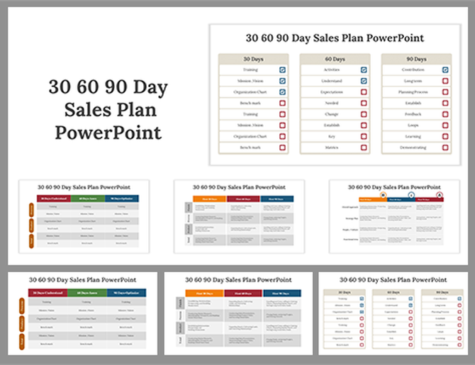 30, 60, 90 day sales plan slide deck with structured tables, task lists, and checkmarks for business planning.