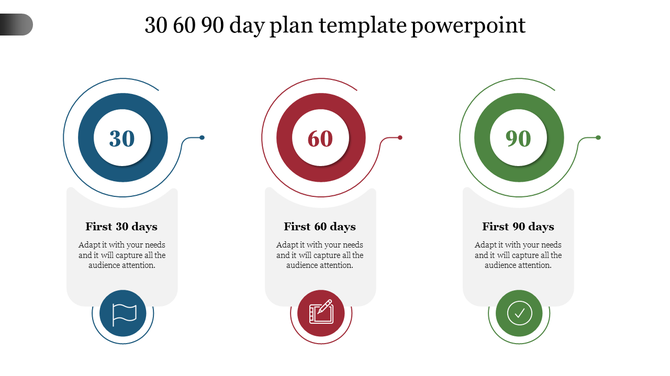 30 60 90 day plan template with circular timelines representing each phase and descriptive text boxes.