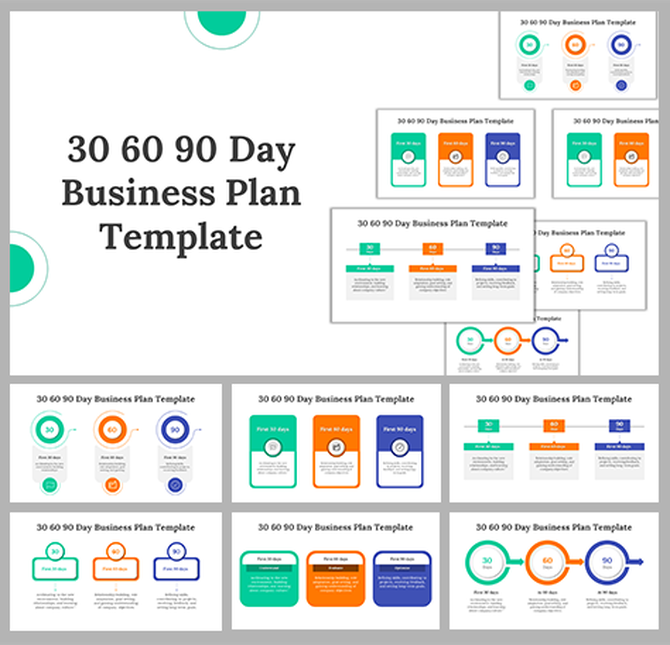 Set of 30 60 90 day business plan PPT slides with different colorful design elements and text descriptions.