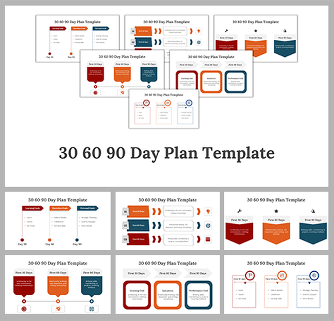 30 60 90 day plan slides with different formats, including tables, step diagrams, and color-coded sections for planning.