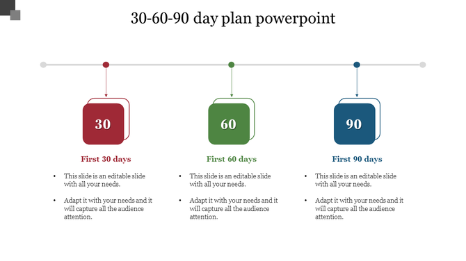 30, 60, 90 day plan slide featuring a minimalist timeline format with red, green, and blue square milestone markers.
