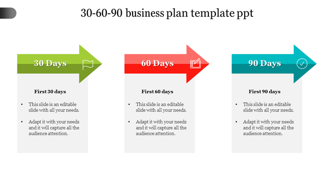 30 60 90 day plan template featuring three large arrows with icons, color-coded sections, and business task details.