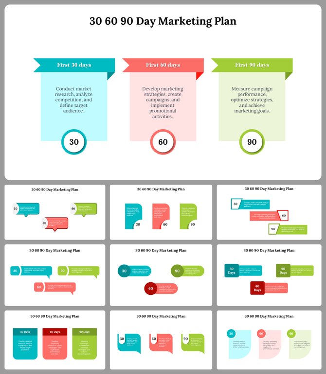 30, 60, 90 day marketing plan slide deck outlining step by step guidance in blue, red, and green sections.