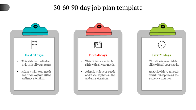 Three gray clipboards with blue, red, and green tops represent 30, 60, and 90 day plans in a clean, minimalist design.
