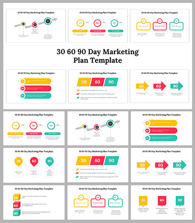Slide deck showing variations of a 30-60-90 day marketing plan template, with icons, placeholders, and colored sections.