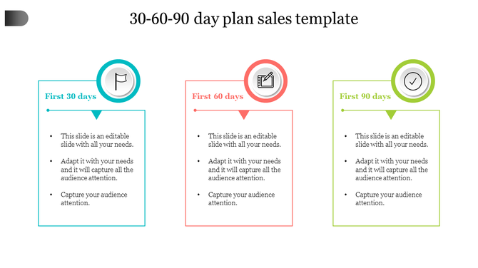 Structured 30 60 90 day plan infographic featuring three vertical sections with icons, color-coded headers, and text.