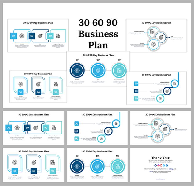 30, 60, 90 day business slides with a clean white and blue theme, featuring process flow diagrams and strategic planning.