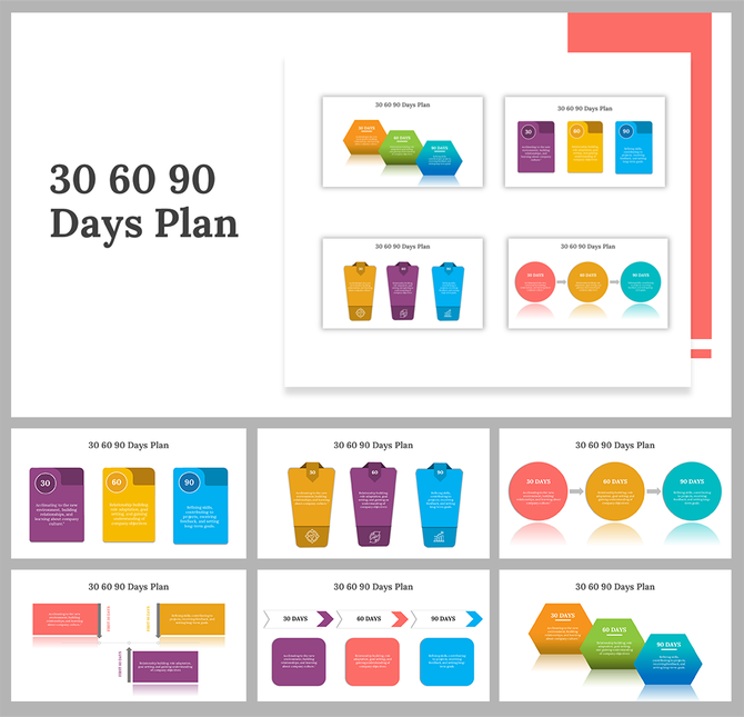 Set of 30 60 90 day plan templates with infographic styles, such as step diagrams, color-coded cards, and circular layouts.
