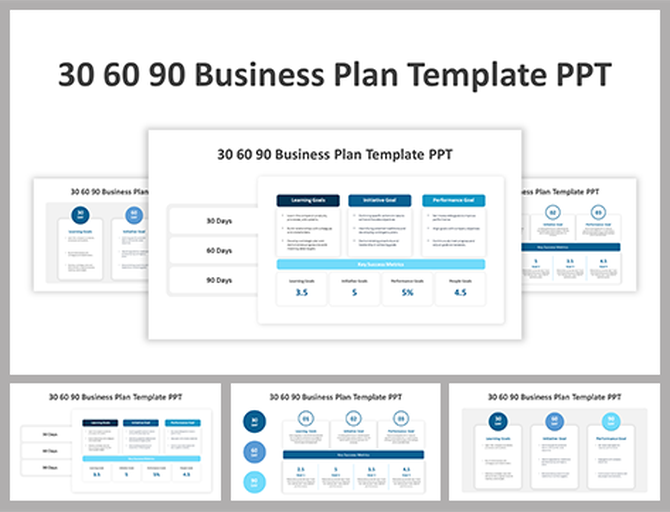 30, 60, 90 day plan slide deck with a clean white and blue theme, featuring structured sections, and step by step planning.