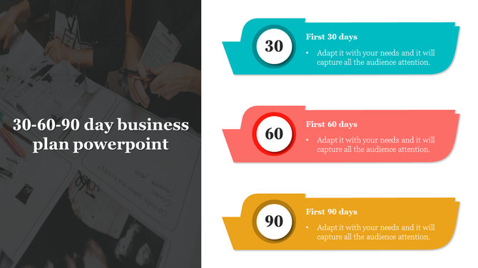 Colorful 30 60 90 day business plan PPT template with three sections and icons alongside an image.