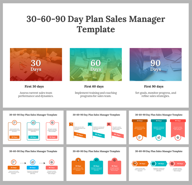 A pack of slides 30-60-90 day marketing plan arranged in a grid, each featuring timelines, icons, and placeholders.