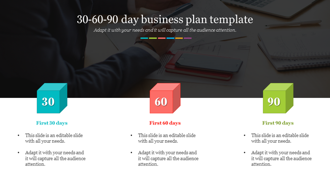 Colorful 30 60 90 day business plan PPT template featuring blocks for each phase with placeholder text.