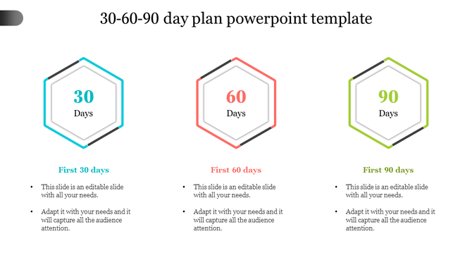 30 60 90 day plan PowerPoint slide with color coded hexagonal icons for each phase with placeholder text.