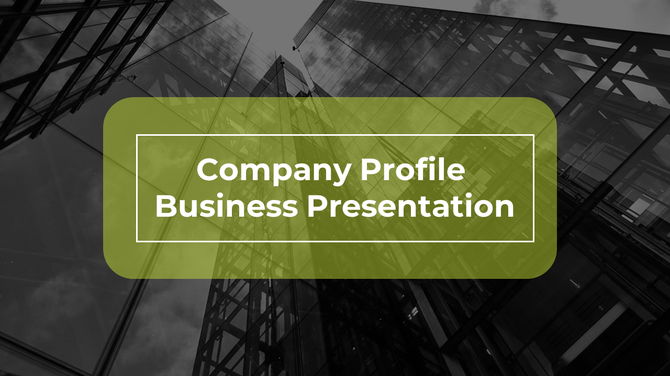 A modern office building with glass panels and a green box featuring the title company profile Business Presentation.