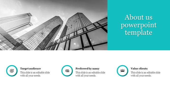 About Us slide with a black and white skyscraper background, a cyan title section, and three circular icons with captions.