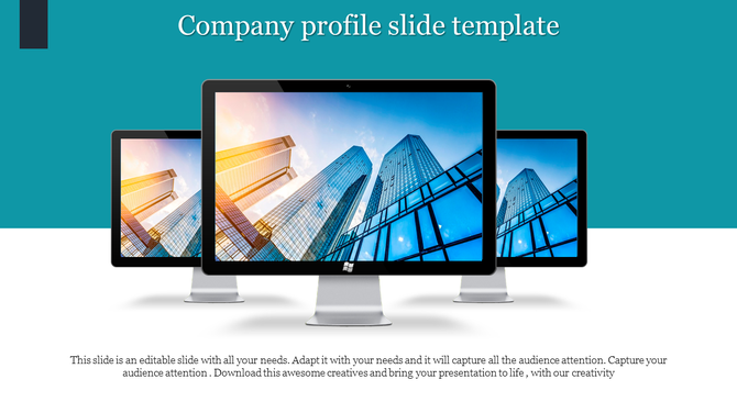 Company profile slide with a teal background, multiple computer screens showcasing urban skyscrapers, and descriptive text.