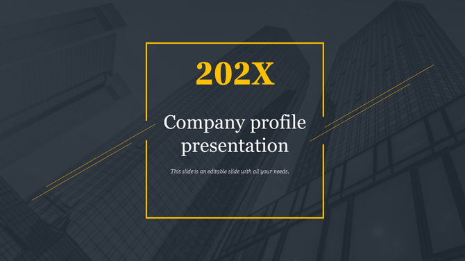 Dark themed company profile cover slide with bold yellow '202X' text, white typography, and a geometric yellow frame.