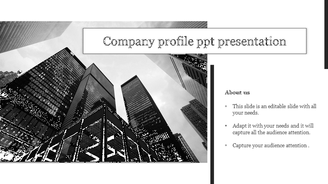 Company profile slide with a cityscape of tall skyscraper on the left and a content section on the right featuring captions. 