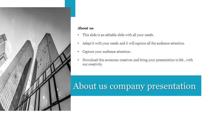 About us slide with a white background, featuring blue title box, a grayscale skyscraper image and text on the right.