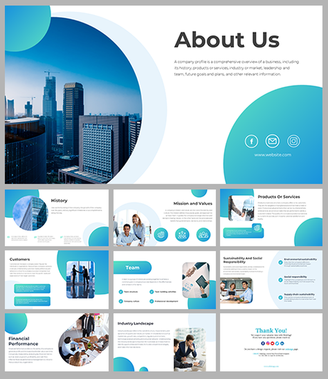 About Us PPT slide with a cityscape and corporate theme, featuring sections for history, mission, and values on a blue theme.