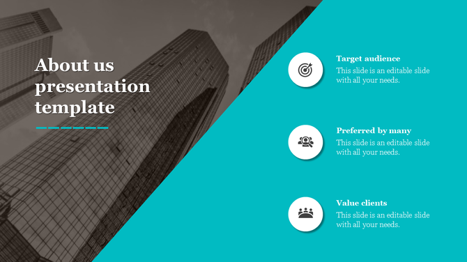 About us slide with a diagonal split design, featuring a black-and-white skyscraper image on the left and a cyan section.