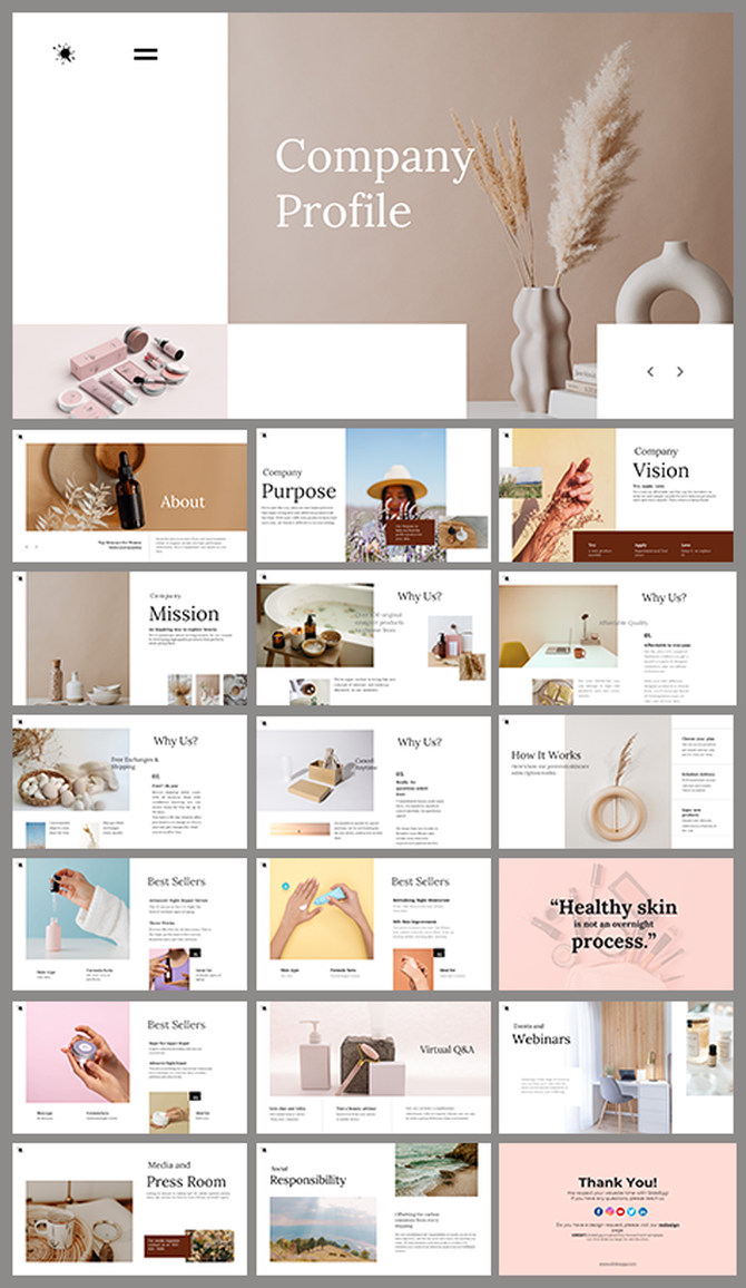 Company profile slide deck featuring a minimalist design with neutral tones and lifestyle imagery.