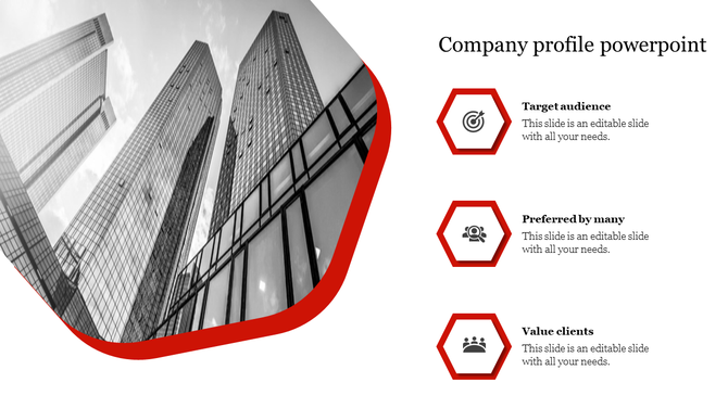 Company profile slide with a curved red border,  skyscraper image, and three red hexagon icons with businessrelated labels. 