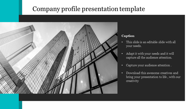 Company slide with a black, white, and teal design, featuring a grayscale skyscraper image and a text section on the right.