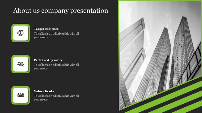 About us company slide featuring green icons from the target audience to value clients with a modern city skyline backdrop.
