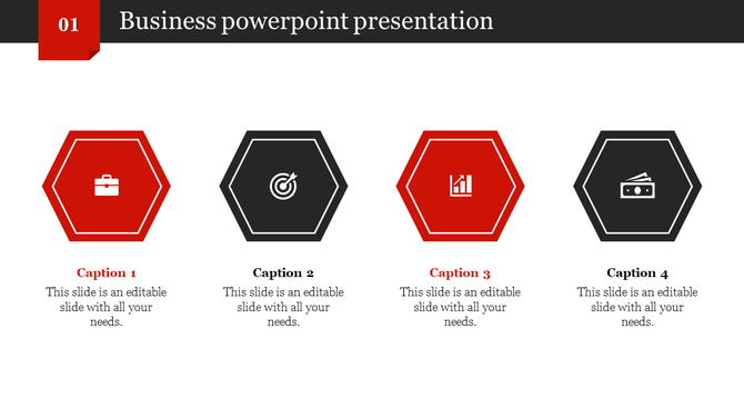 Business slide with four hexagons, alternating in red and black, each containing icons and captions below.