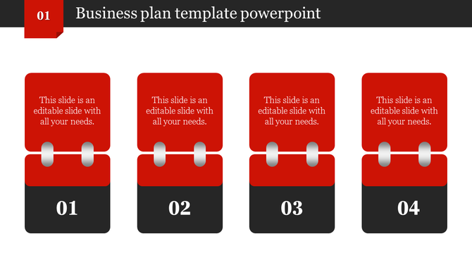 Business plan PPT slide featuring four numbered sections with a red and black design, each labeled 01 to 04 with text.