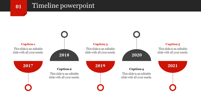 Five step timeline infographic from 2017 to 2021, using alternating red and black semicircles with captions.