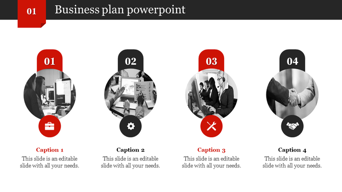 Business plan PowerPoint template with four circular icons, each representing a different aspect with captions.