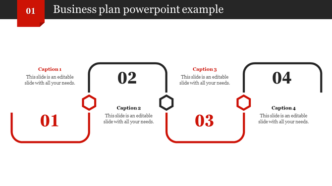 Business themed slide with a black and red arrow loop, two labeled sections, and a growth icon on a white background.