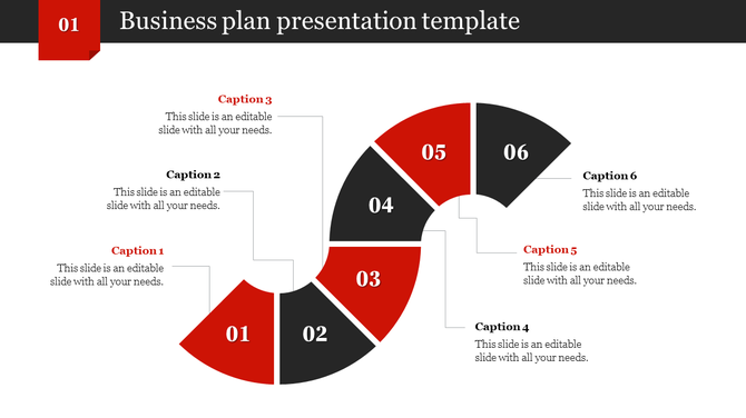 Curved six step business plan infographic in red and black with numbered sections and captions on a white background.