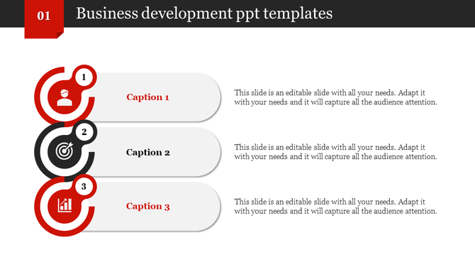 Business slide with three numbered captions, featuring circular icons, in a red and black color scheme.