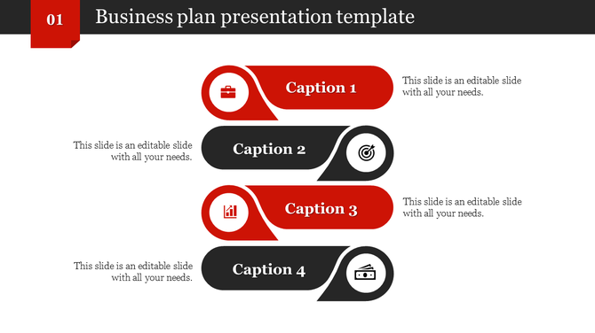 Business plan PowerPoint template with four numbered sections, each featuring a different icon with captions.