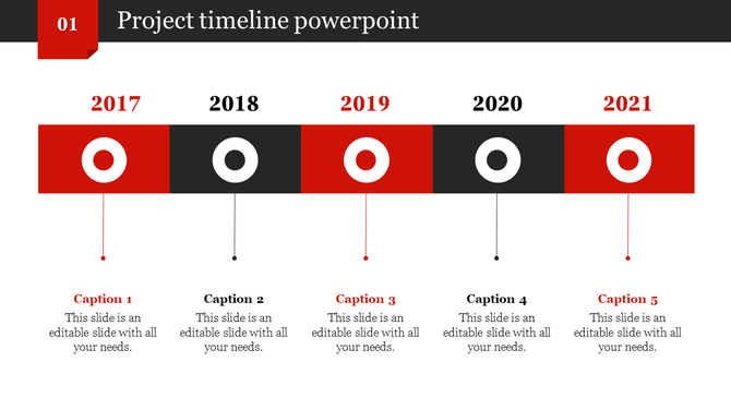 Project timeline PPT slide showing years from 2017 to 2021 with captions for each year, designed with color coded markers.