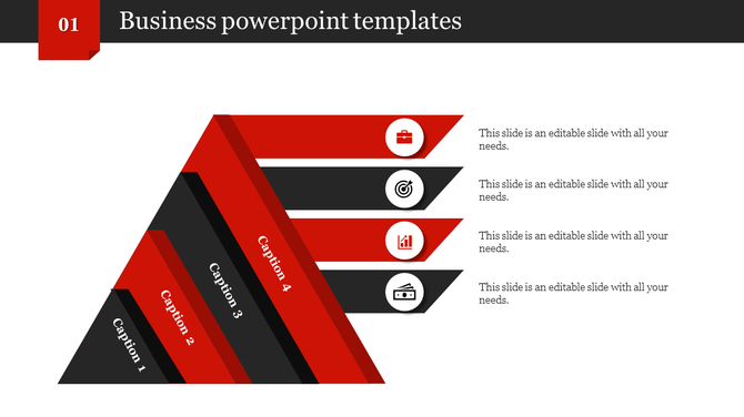 Business PPT slide with four red and black diagonal sections, each with a different icon and labeled caption 1 to 4.