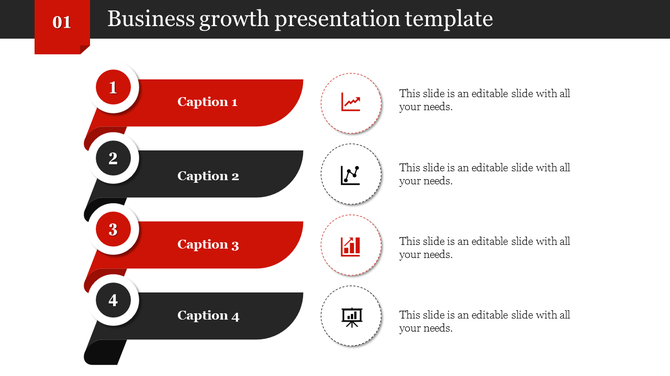 Business growth template showing four numbered steps with alternating red and black banners placed in white background.