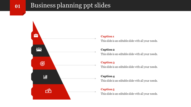 Business planning PPT slide with a red and black triangular design, featuring five sections each with an associated icon.