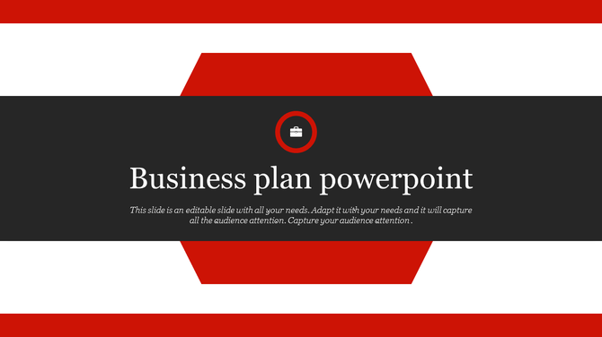 Business plan slide with a red hexagonal frame, featuring black banner with text and a briefcase icon in the center.